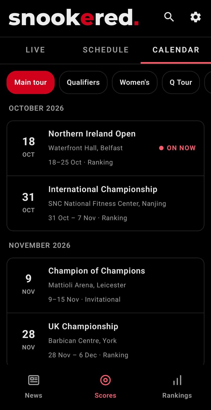 Tournament calendar
