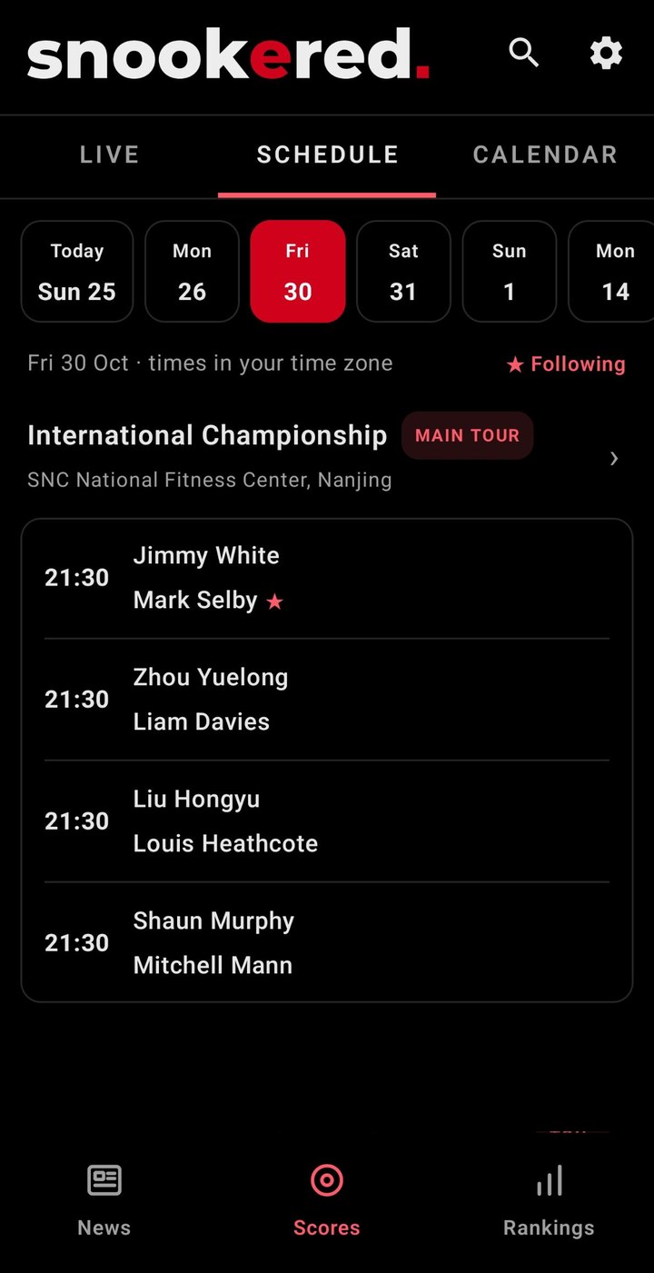 Schedule tab with the order of play