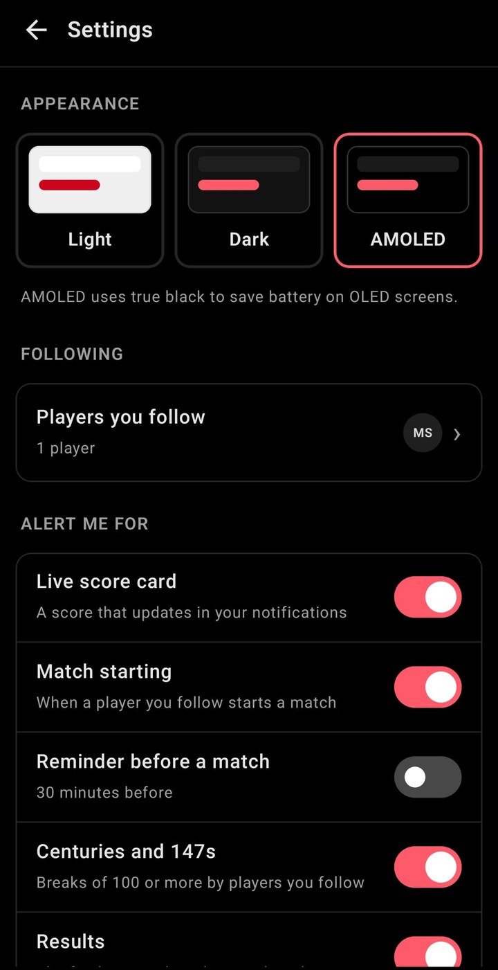 Settings with themes and followed players